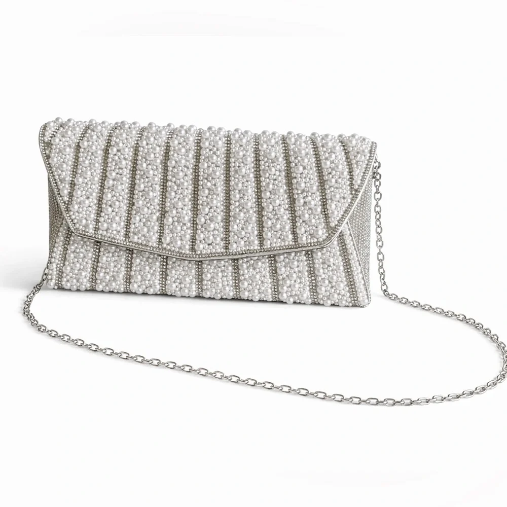 Silver Shimmer & Pearl Envelope Clutch | Convertible Shoulder or Clutch